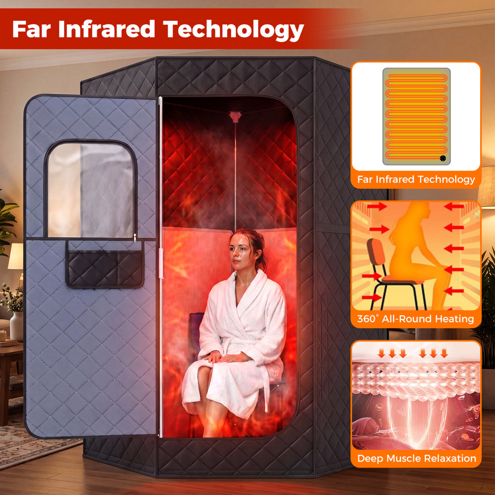 Portable black far infrared sauna box for home use, featuring 360° heating for full body relaxation.