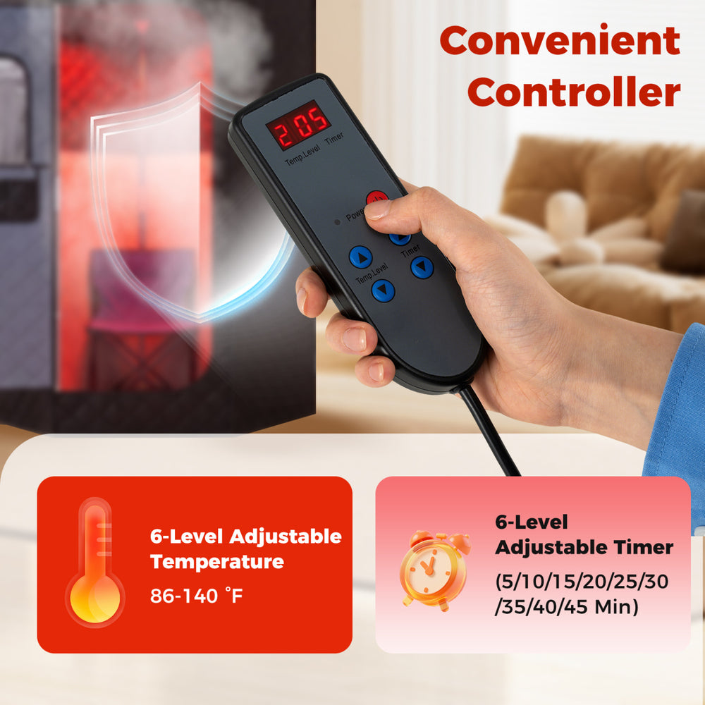 Portable far infrared sauna box controller with adjustable temperature and timer settings for home use.