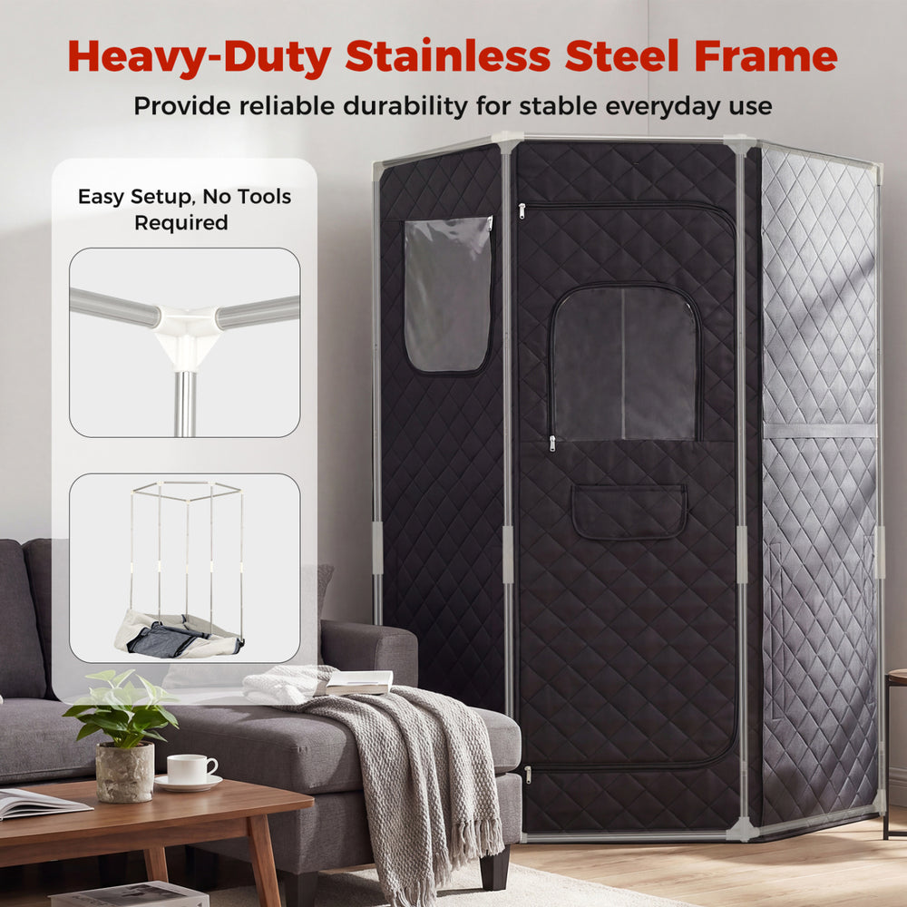 Portable black far infrared sauna box with heavy-duty stainless steel frame for home use and easy setup.