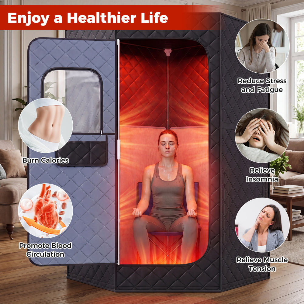 Portable far infrared sauna box in black, designed for home use to promote relaxation and relieve muscle tension.