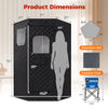Portable black far infrared sauna box with dimensions, featuring an absorbent mat and foldable chair for home use.