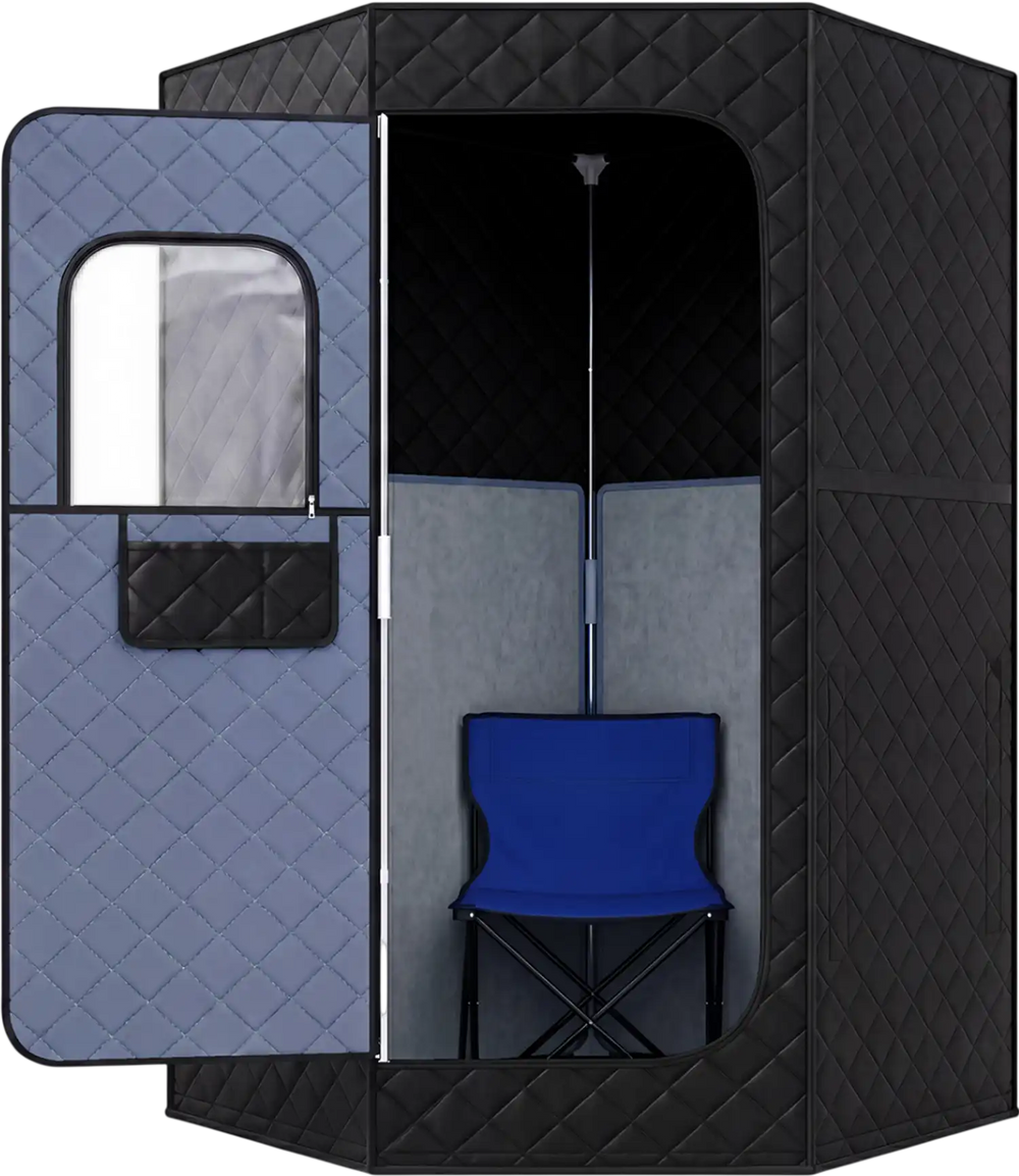 Portable far infrared sauna box in black with a chair inside, designed for home full body relaxation.