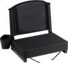 Portable folding bleacher chair in black with thick padded cushion, cup holder, and metal back support for comfort at events.