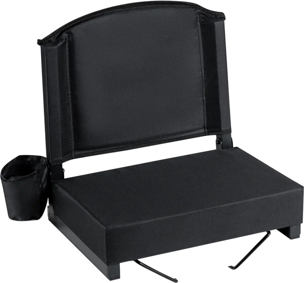 Portable folding bleacher chair in black with thick padded cushion, cup holder, and metal back support for comfort at events.
