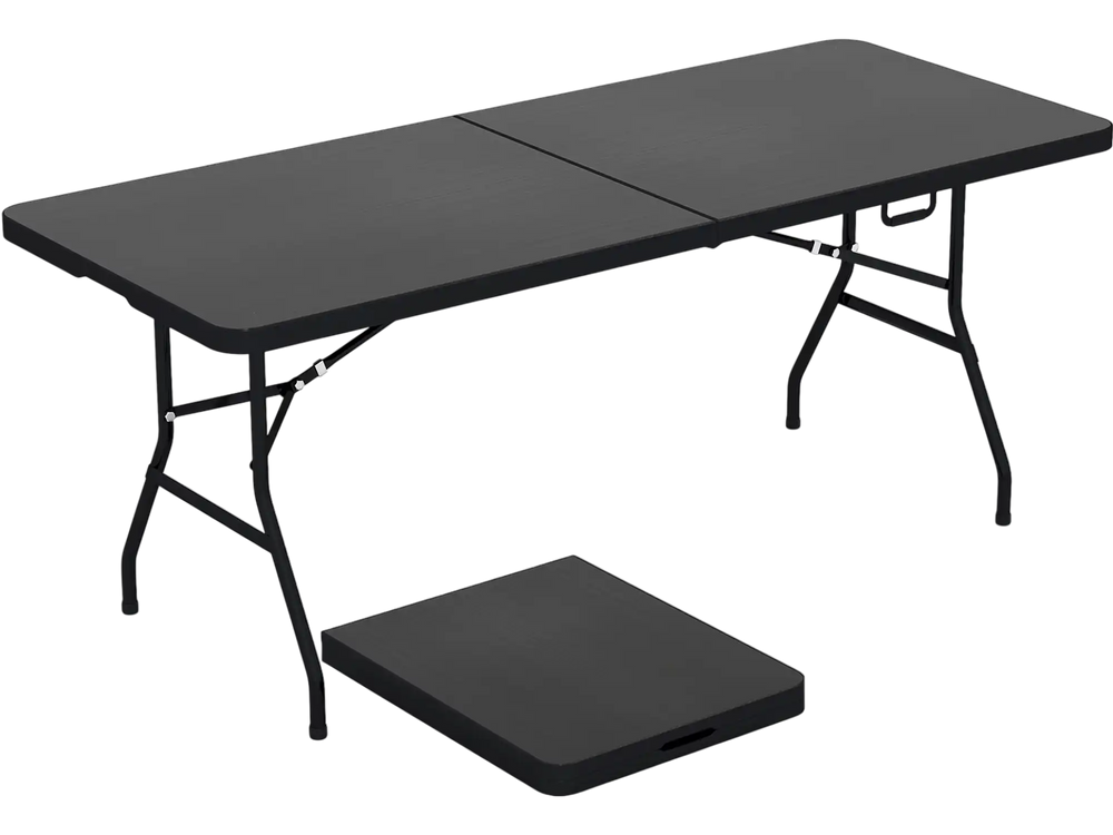 Portable folding camping table in black with sturdy steel frame, ideal for picnics, BBQs, and outdoor dining.