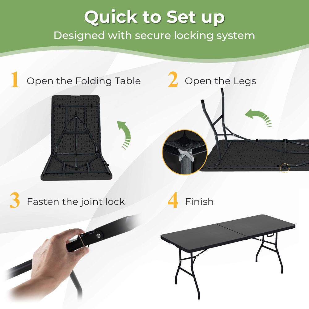 Portable folding camping table with a sturdy steel frame, designed for easy setup and stability, ideal for outdoor use.