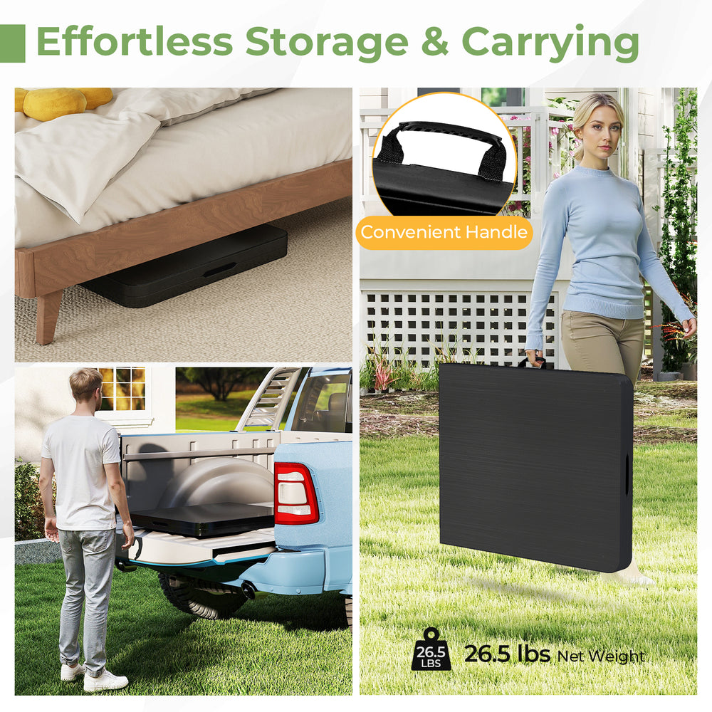 Portable folding camping table in black with carrying handle, ideal for picnics and outdoor dining, supports up to 330.