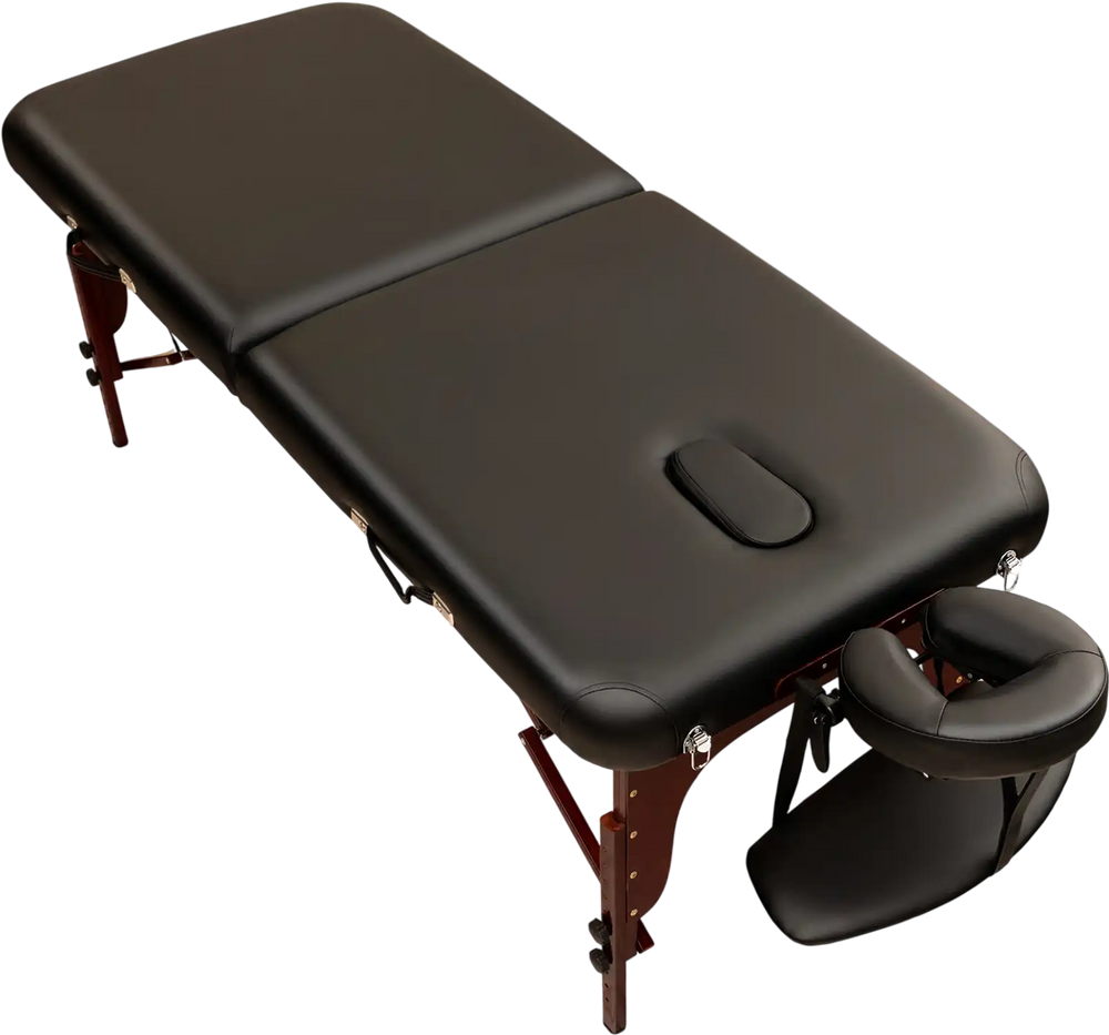 Folding massage table with black PU leather, adjustable height, and beech wood frame for maximum comfort and stability.