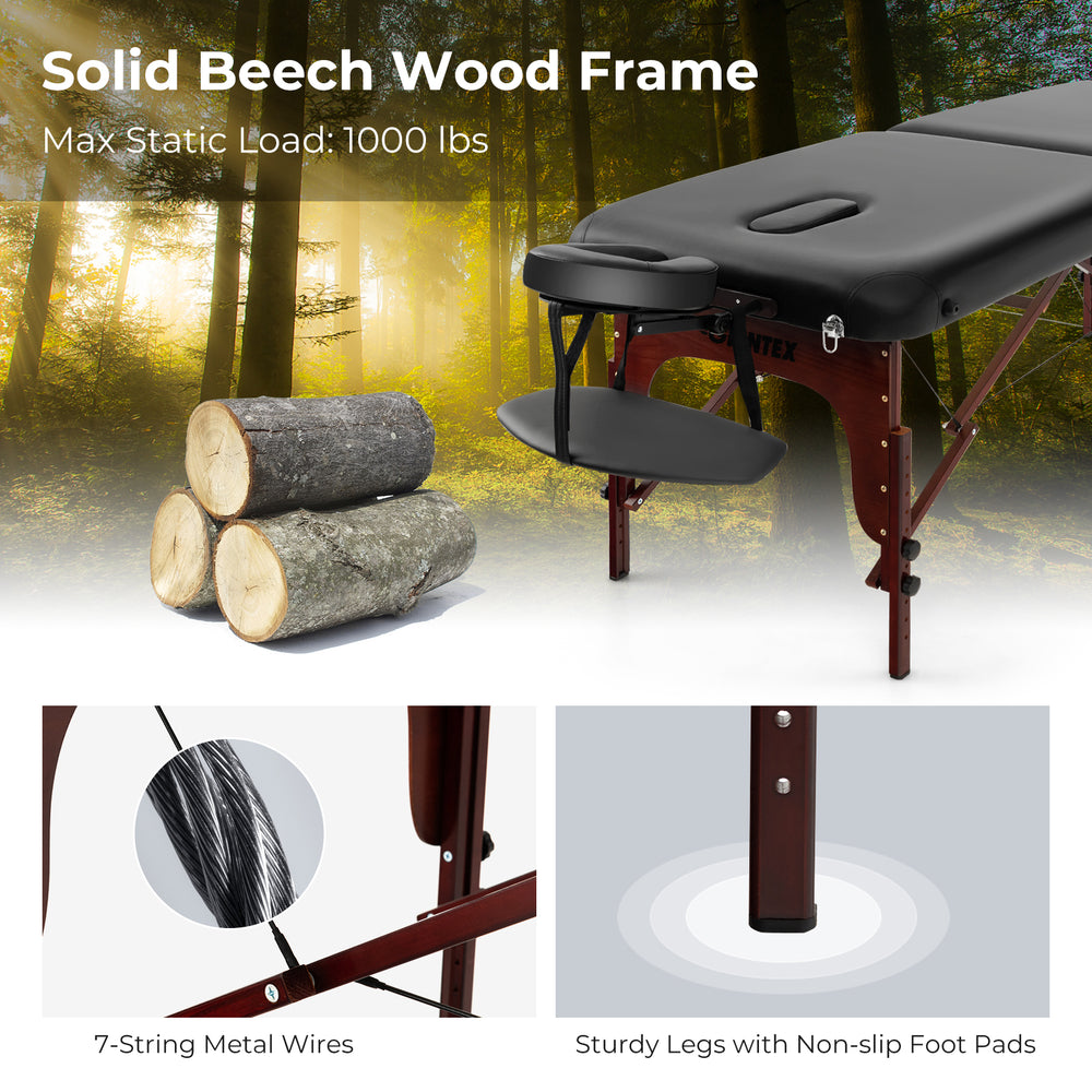 Side view of the folding massage table showcasing its sturdy beech wood frame and adjustable headrest for enhanced.
