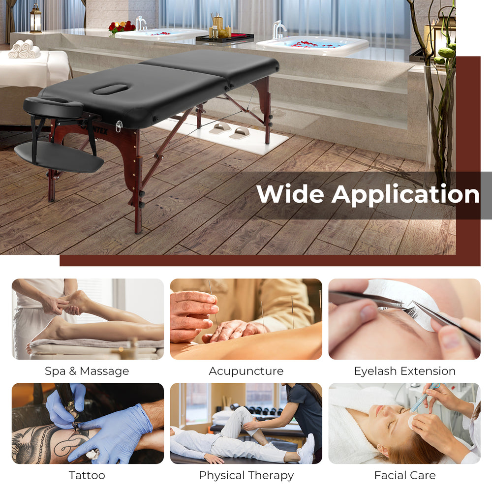 Folding massage table in black with height-adjustable beech wood frame, ideal for spa, massage, and therapy sessions.