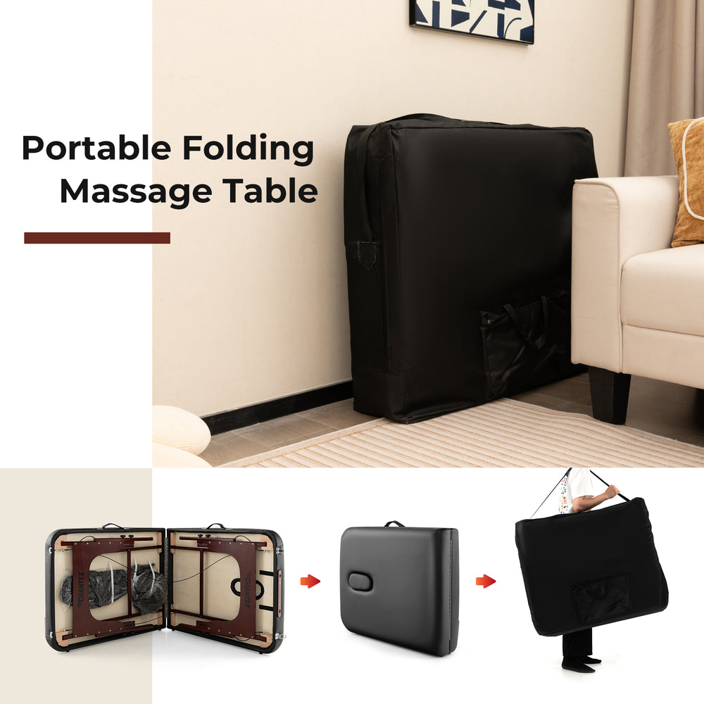Folding massage table in black with height-adjustable beech wood frame, designed for easy transport and maximum comfort.