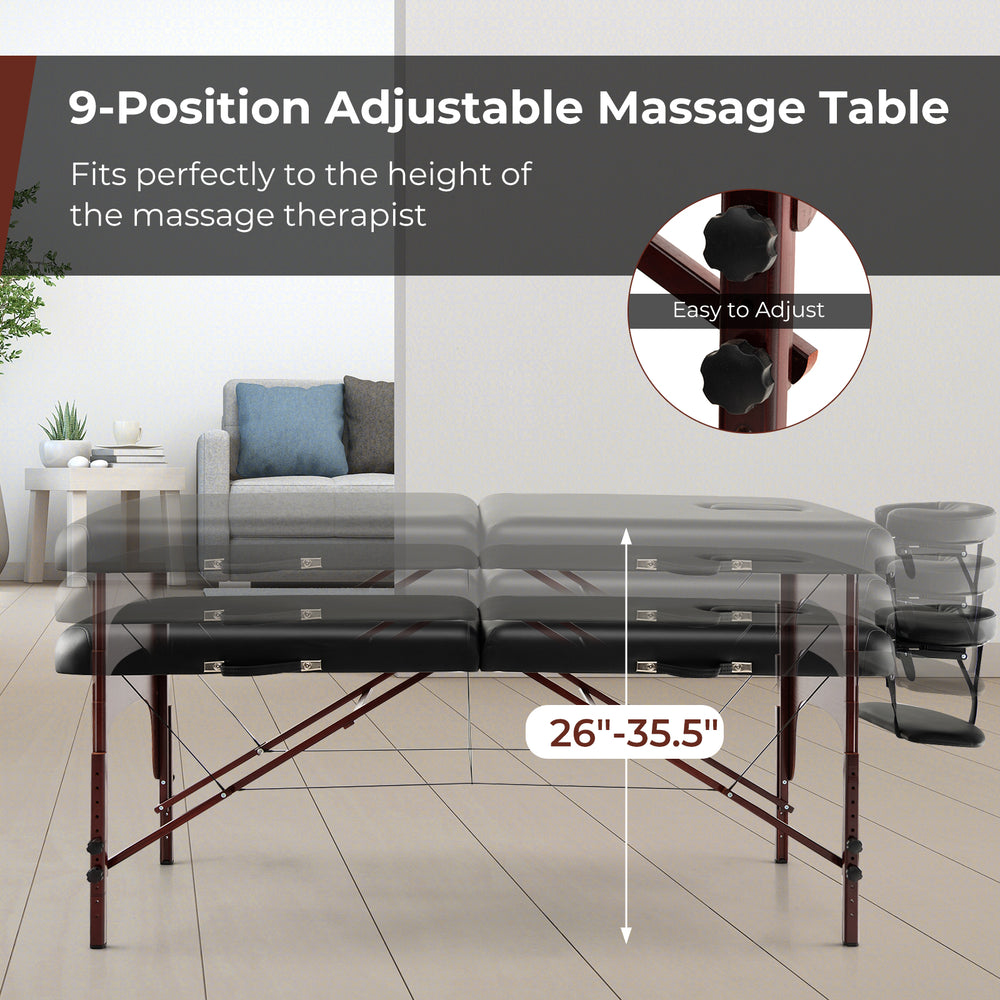 Folding massage table with height-adjustable beech wood frame, featuring black PU leather and memory foam for comfort.
