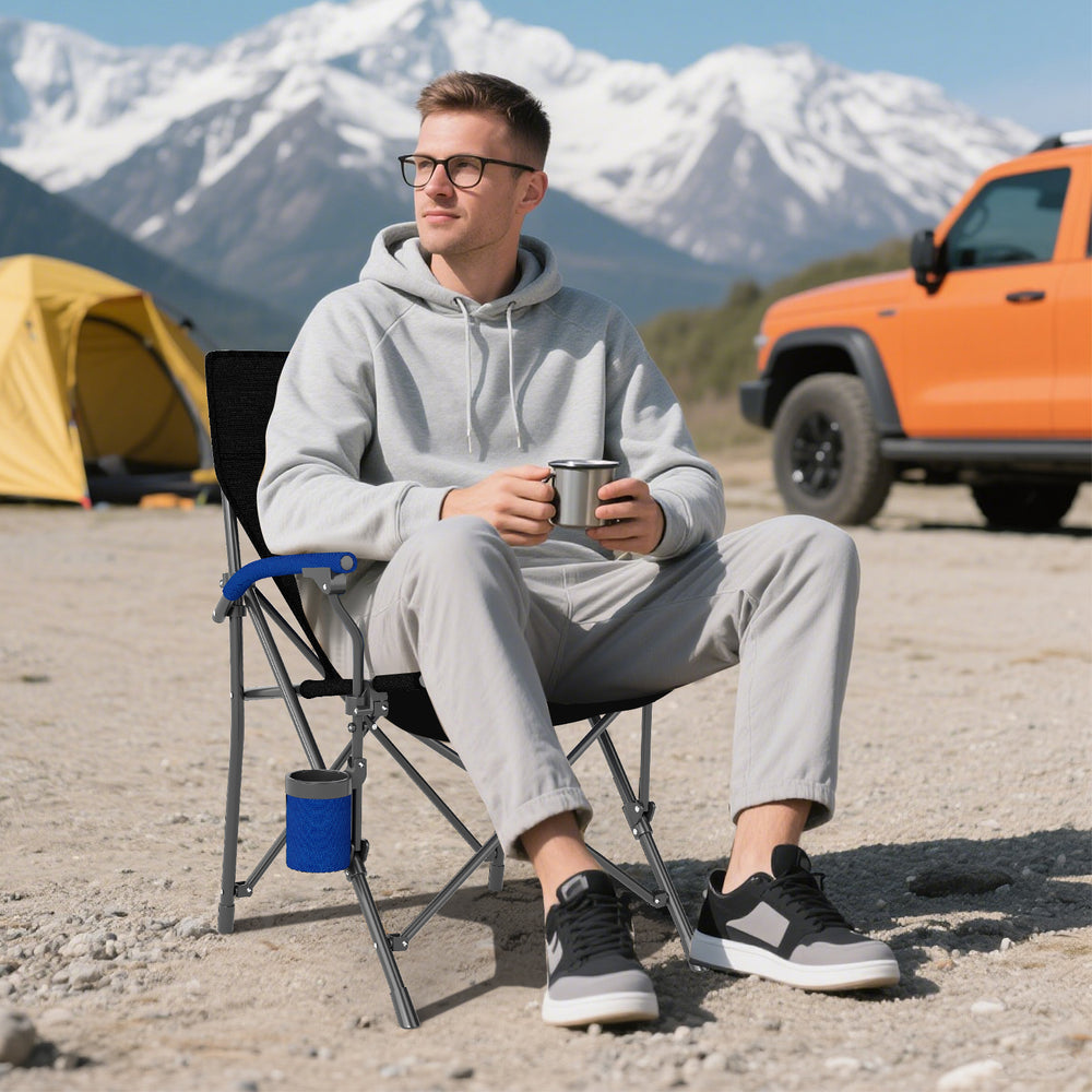 Portable folding camping chair in navy with cup holder, side pocket, and durable Oxford cloth, perfect for outdoor use.