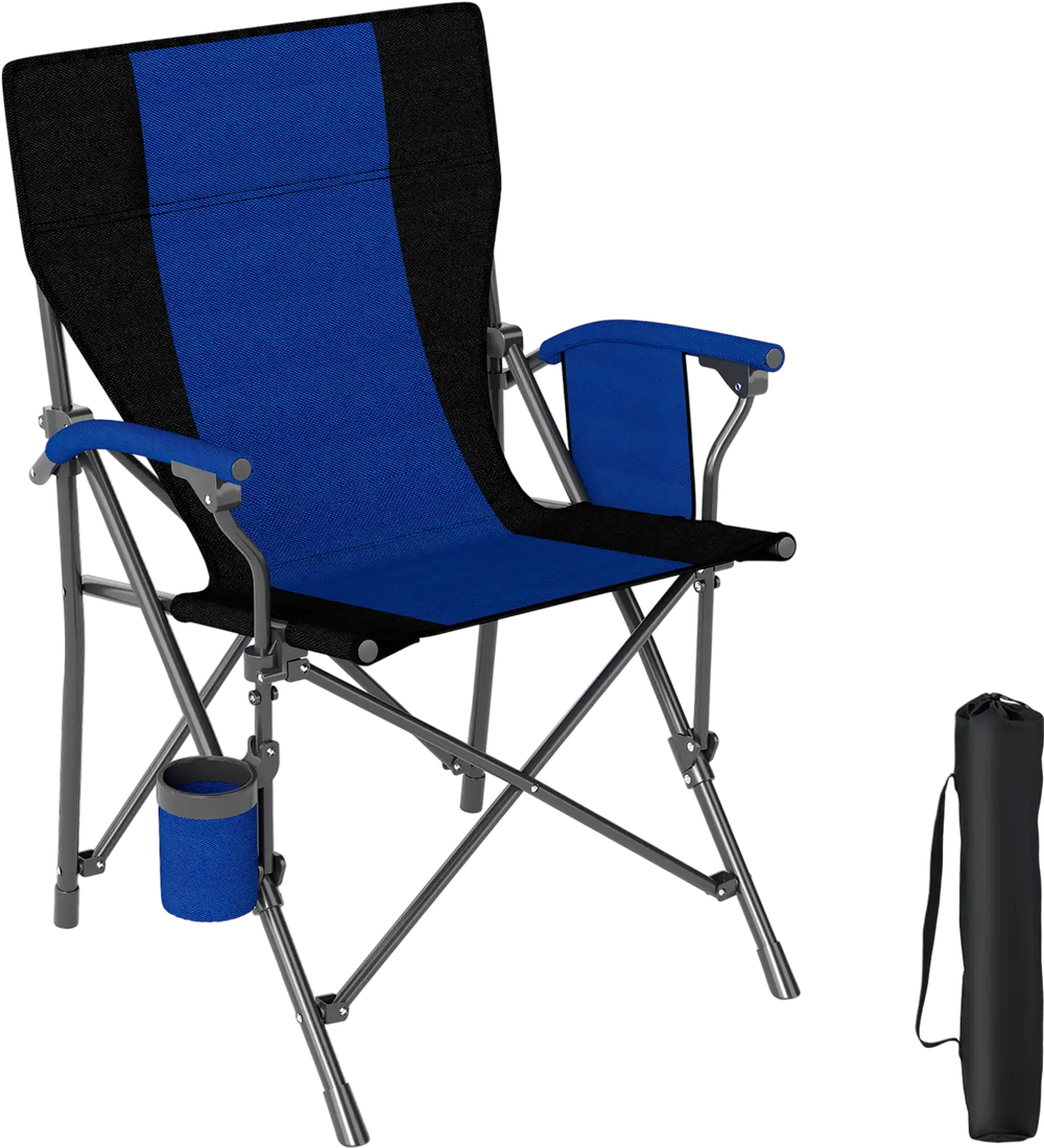 Portable folding camping chair in navy with cup holder, durable Oxford cloth, and lightweight design for easy transport.
