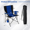 Portable folding camping chair in navy with cup holder, dimensions shown, ideal for outdoor events and easy transport.
