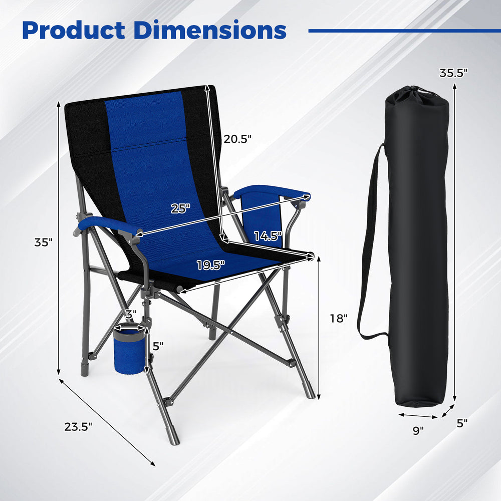 Portable folding camping chair in navy with cup holder, dimensions shown, ideal for outdoor events and easy transport.