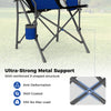 Portable folding camping chair in navy with cup holder, sturdy metal frame, and X-shaped design for stability.