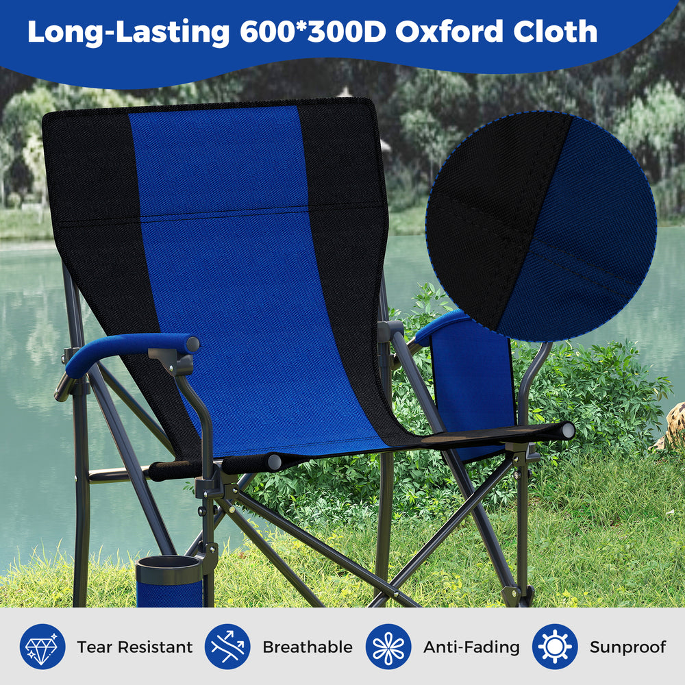 Navy portable folding camping chair with cup holder, made of durable 600*300D oxford cloth, ideal for outdoor events.