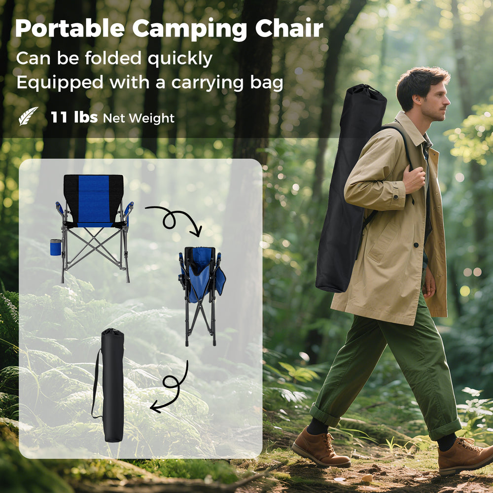 Portable folding camping chair in navy with cup holder and side pocket, lightweight design for easy transport and.