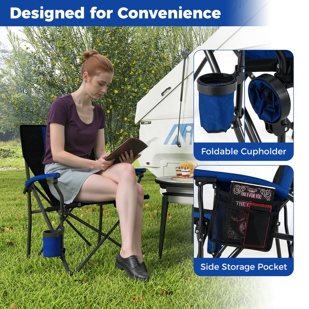 Portable folding camping chair in navy with cup holder and side pocket, ideal for outdoor events and easy storage.