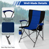Portable folding camping chair in navy with fabric-covered armrests, cup holder, and side pocket for outdoor.