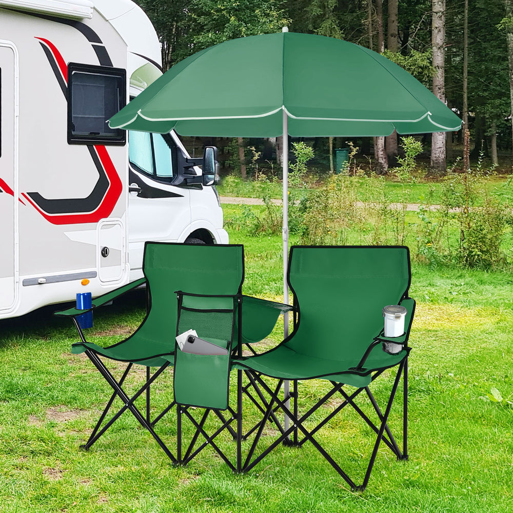 Portable Folding Picnic Double Chair With Removable Umbrella-Green - Gallery View 1 of 9