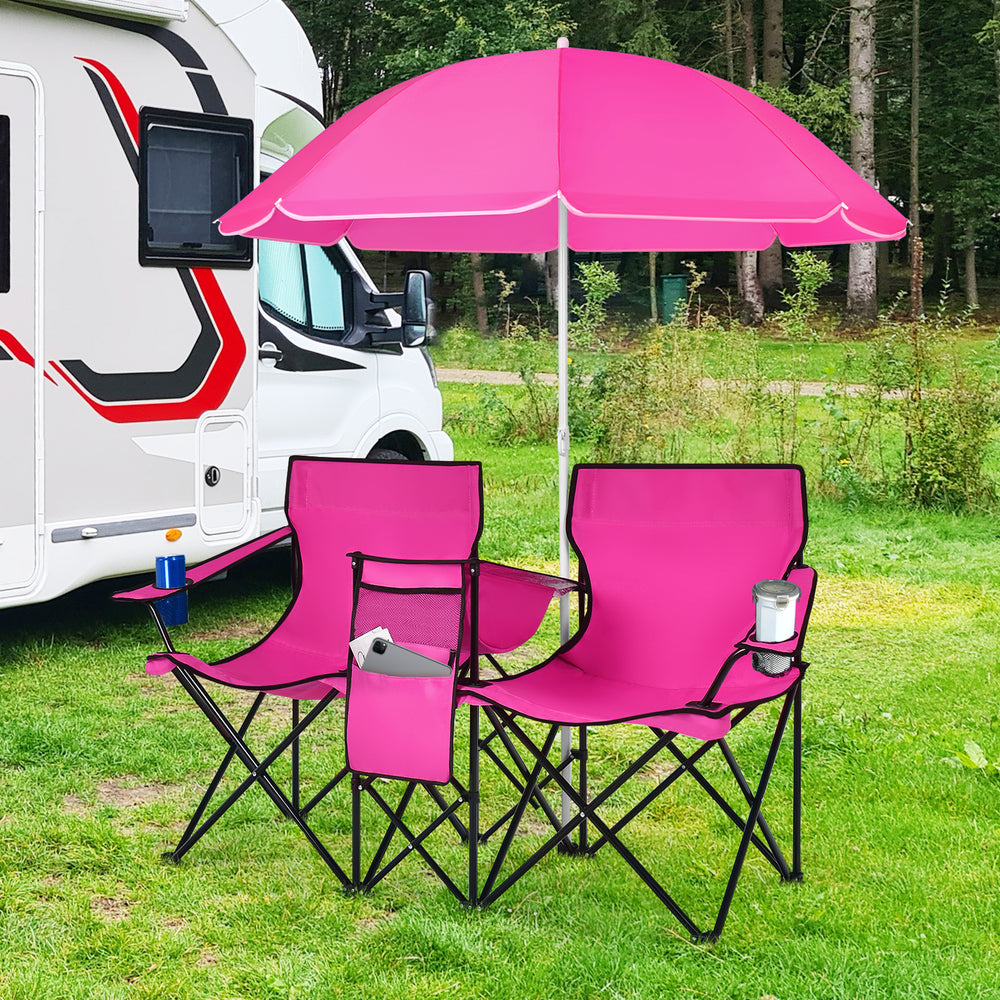 Portable Folding Picnic Double Chair With Removable Umbrella-Pink - Gallery View 1 of 9
