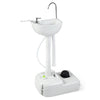 Portable foot pump camping sink with a 4.5-gallon water tank, soap dispenser, and wheels for easy mobility outdoors.