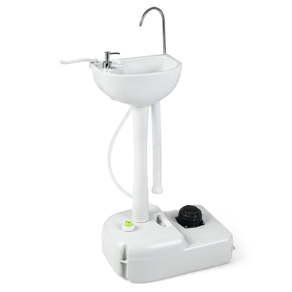 Portable foot pump camping sink with a 4.5-gallon water tank, soap dispenser, and wheels for easy mobility outdoors.