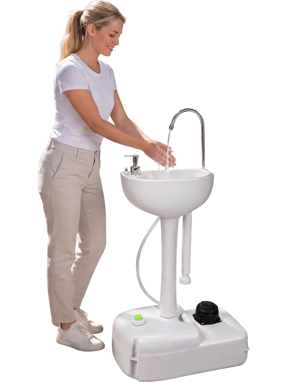 Hands-free foot pump portable camping sink with a large basin, soap dispenser, and towel rack for convenient outdoor washing.