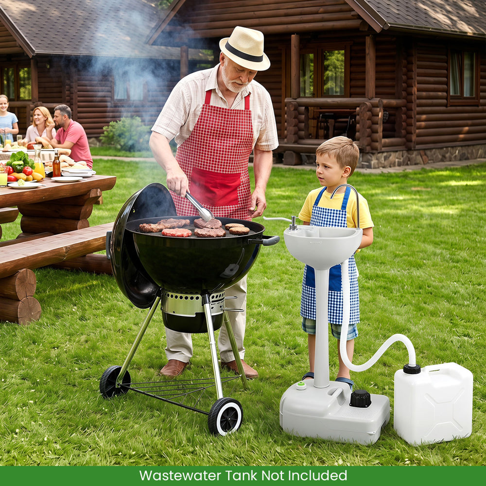 Portable foot pump camping sink with 4.5-gallon water tank and soap dispenser, ideal for outdoor events and camping.