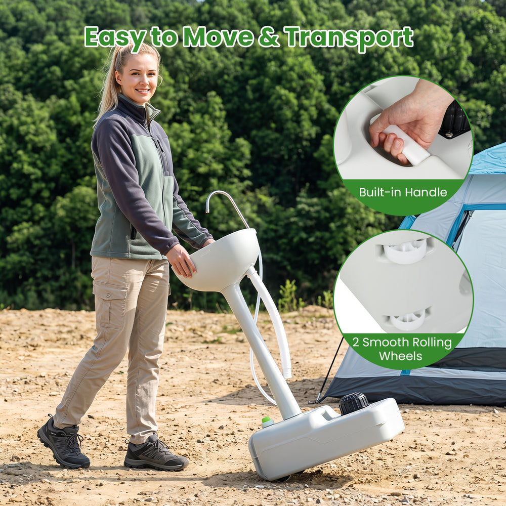 Portable foot pump camping sink with 4.5-gallon water tank, built-in handle, and smooth rolling wheels for easy transport.