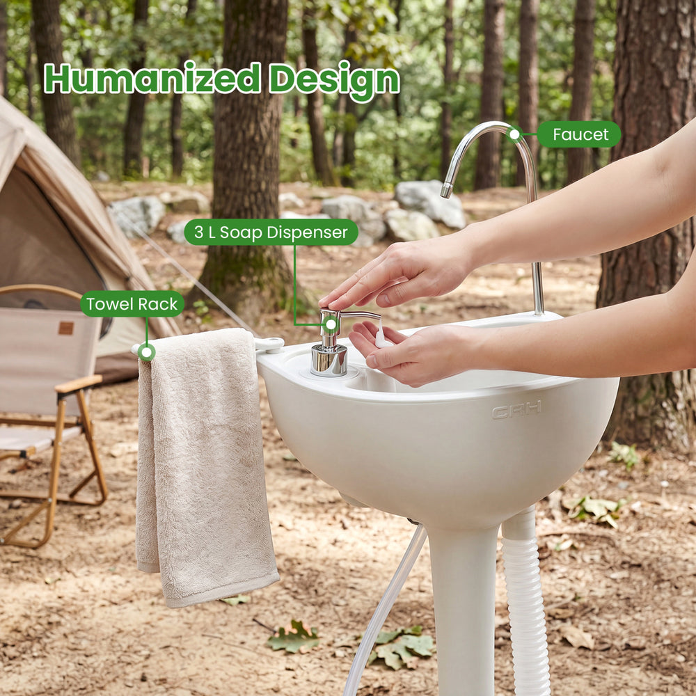 Portable camping sink with 4.5-gallon water tank, soap dispenser, and towel rack for convenient outdoor washing.