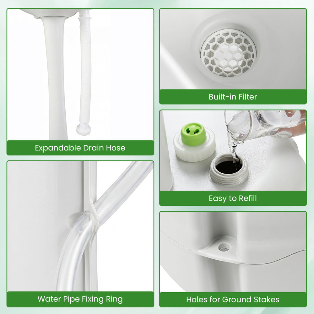 Close-up of the portable foot pump camping sink showing the built-in filter, drain hose, and easy refill feature.