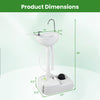 Portable foot pump camping sink with 4.5-gallon water tank, soap dispenser, and dimensions of 40" height and 20" width.