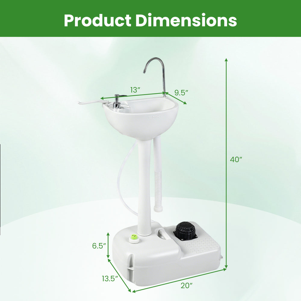 Portable foot pump camping sink with 4.5-gallon water tank, soap dispenser, and dimensions of 40" height and 20" width.