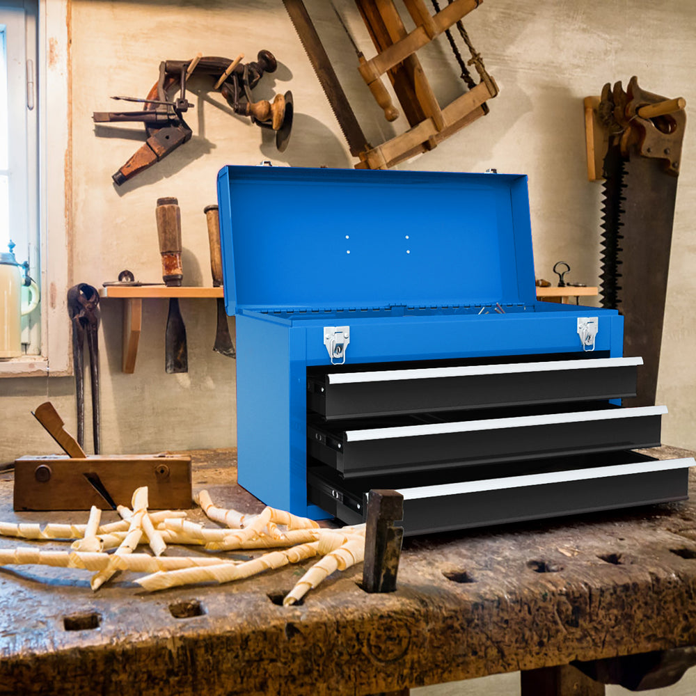 Portable Garage Mechanic Tool Cabinet Box with 3 Drawers-Blue - Gallery View 1 of 10