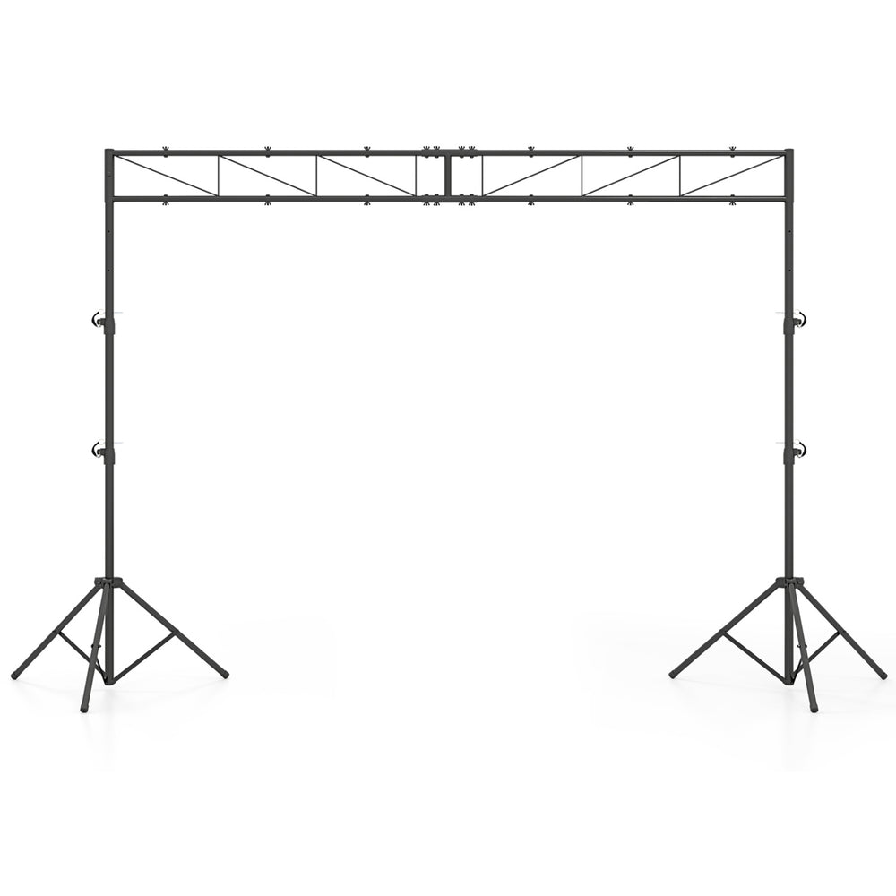 Height adjustable portable lighting truss system with folding tripods, supports up to 12 lights for events and.