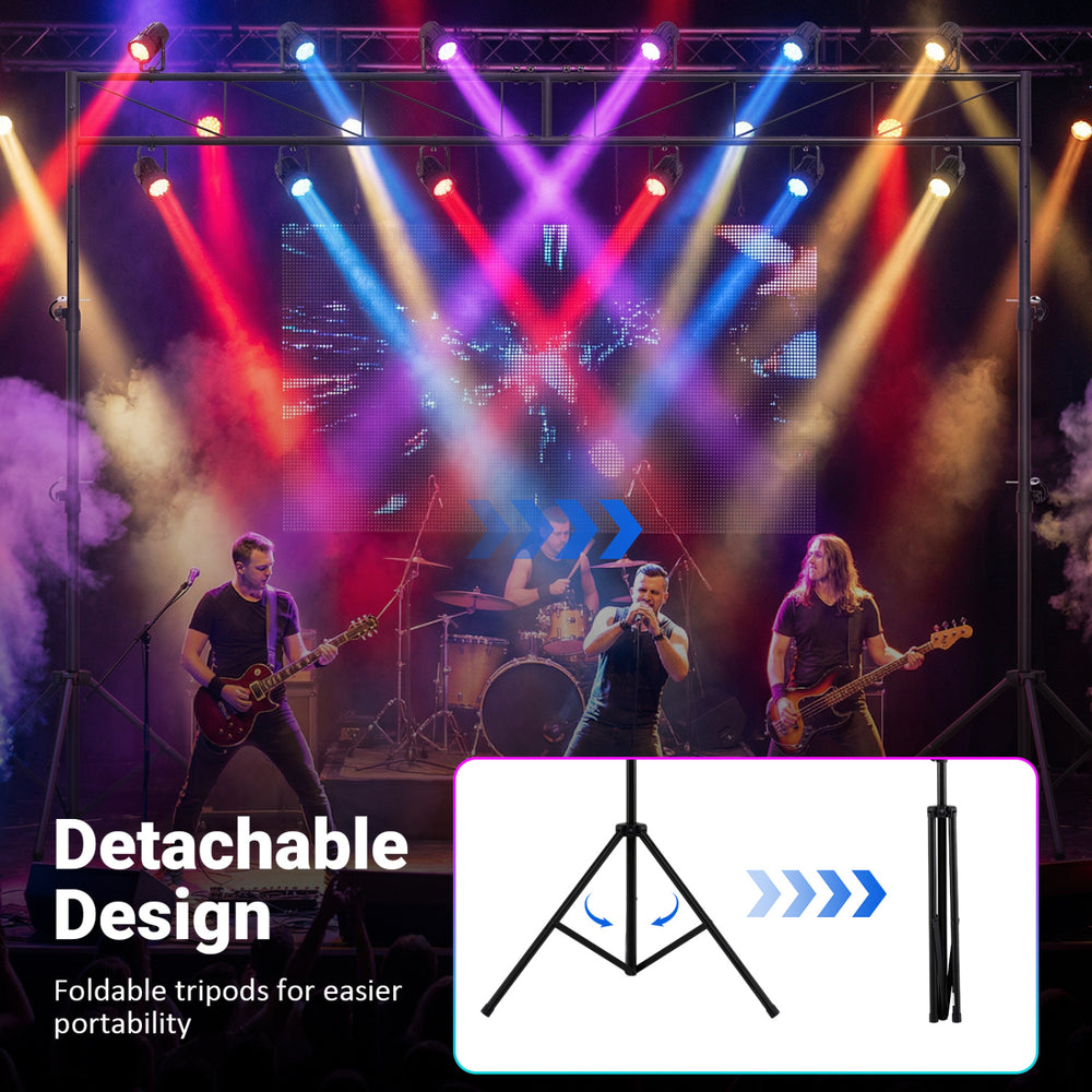 Height adjustable portable lighting truss system with foldable tripods for easy transport, ideal for events and.
