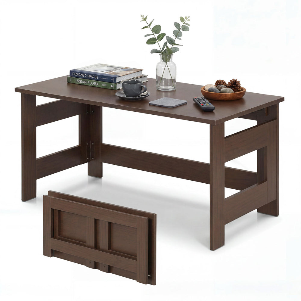 Portable low floor table in brown with foldable legs, ideal for dining, reading, and gaming in small spaces.