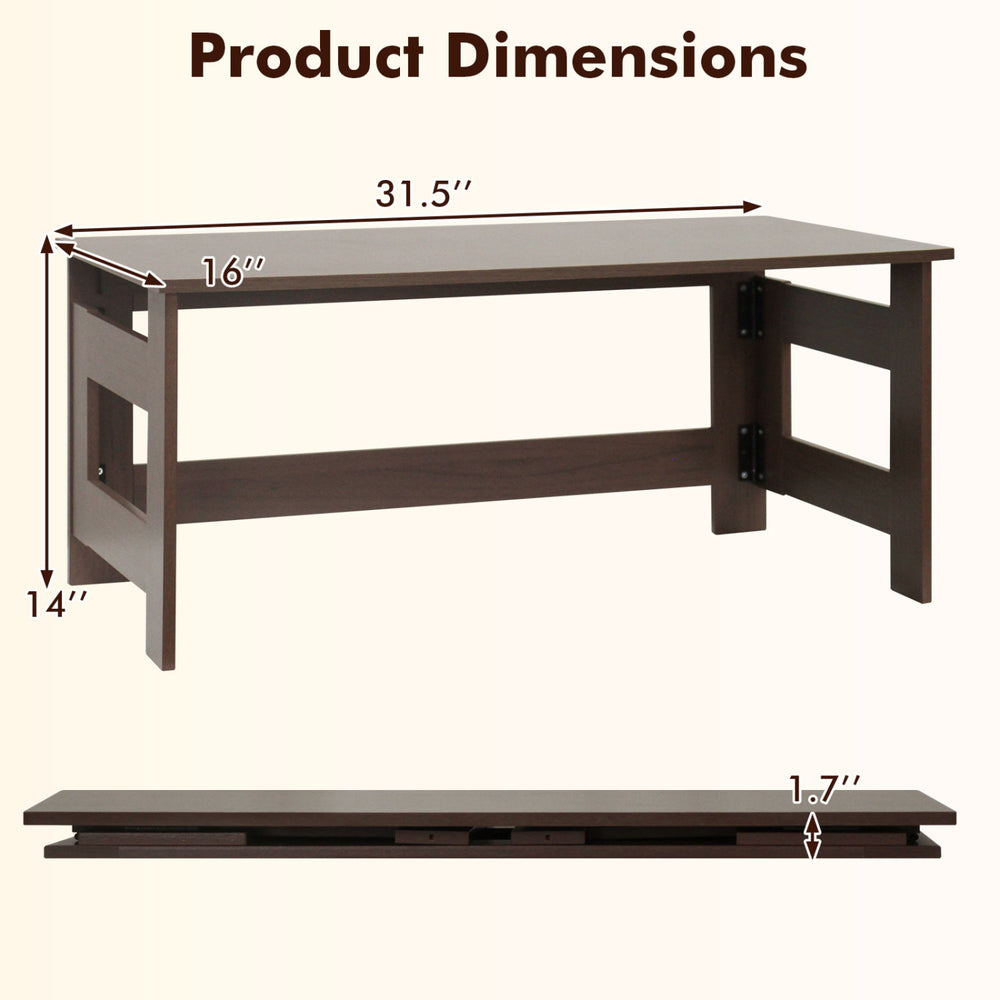Portable low floor table with foldable legs, brown finish, dimensions 31.5" x 16" x 14", ideal for small spaces.