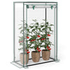 Portable mini greenhouse with roll-up zippered door, featuring a heavy-duty metal frame and PE grid cover for plant.