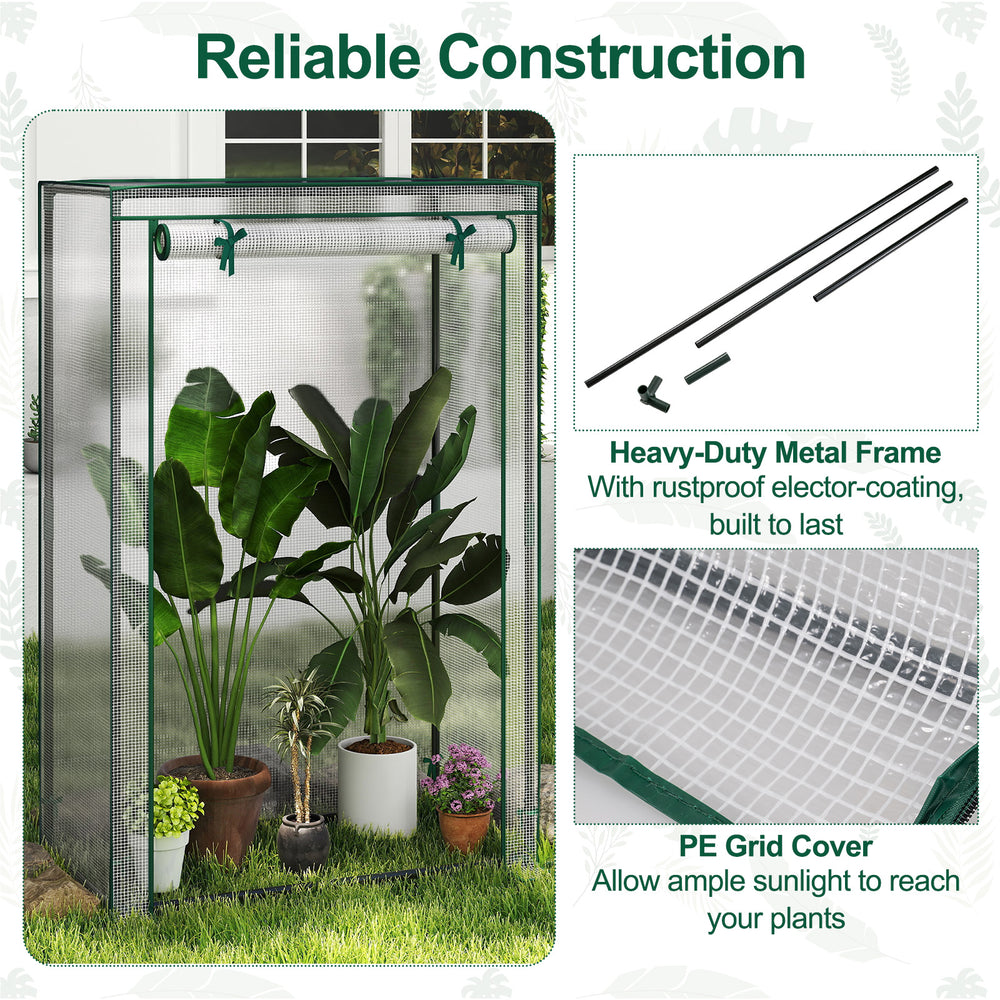 Portable mini greenhouse with heavy-duty metal frame and PE grid cover, ideal for small spaces and promoting plant.