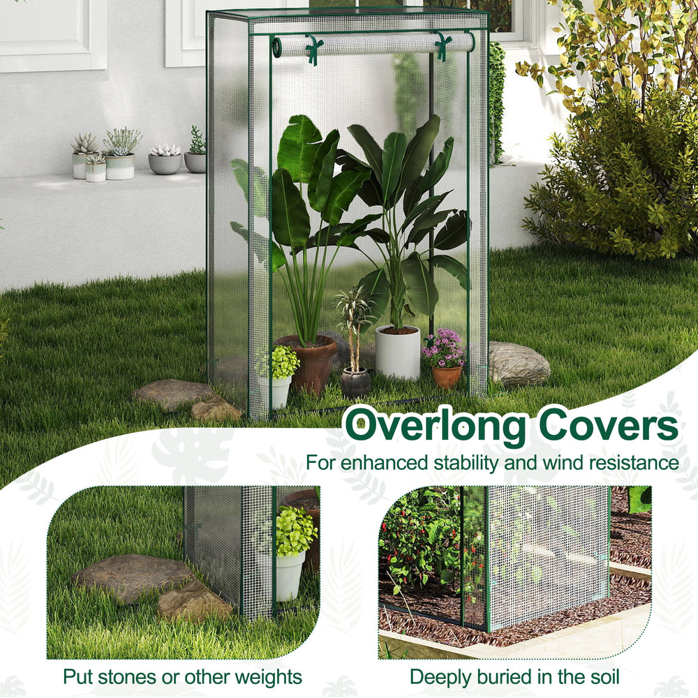 Portable mini greenhouse with roll-up zippered door, featuring overlong covers for stability and a heavy-duty metal.