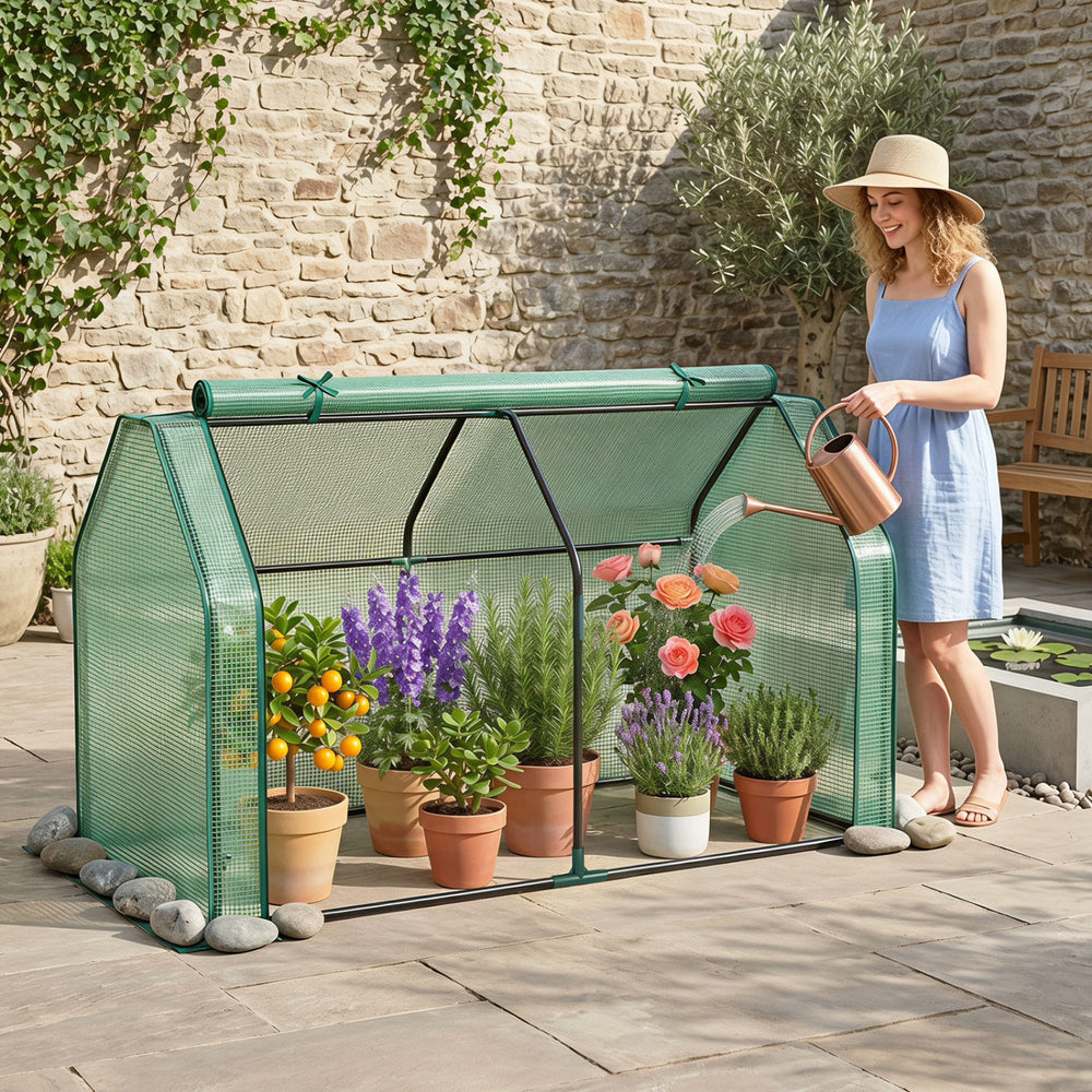 Portable Mini Greenhouse, Small Garden Greenhouse with PE Cover and Zippered Roll-up Door for Vegetables-Green - Gallery View 1 of 9