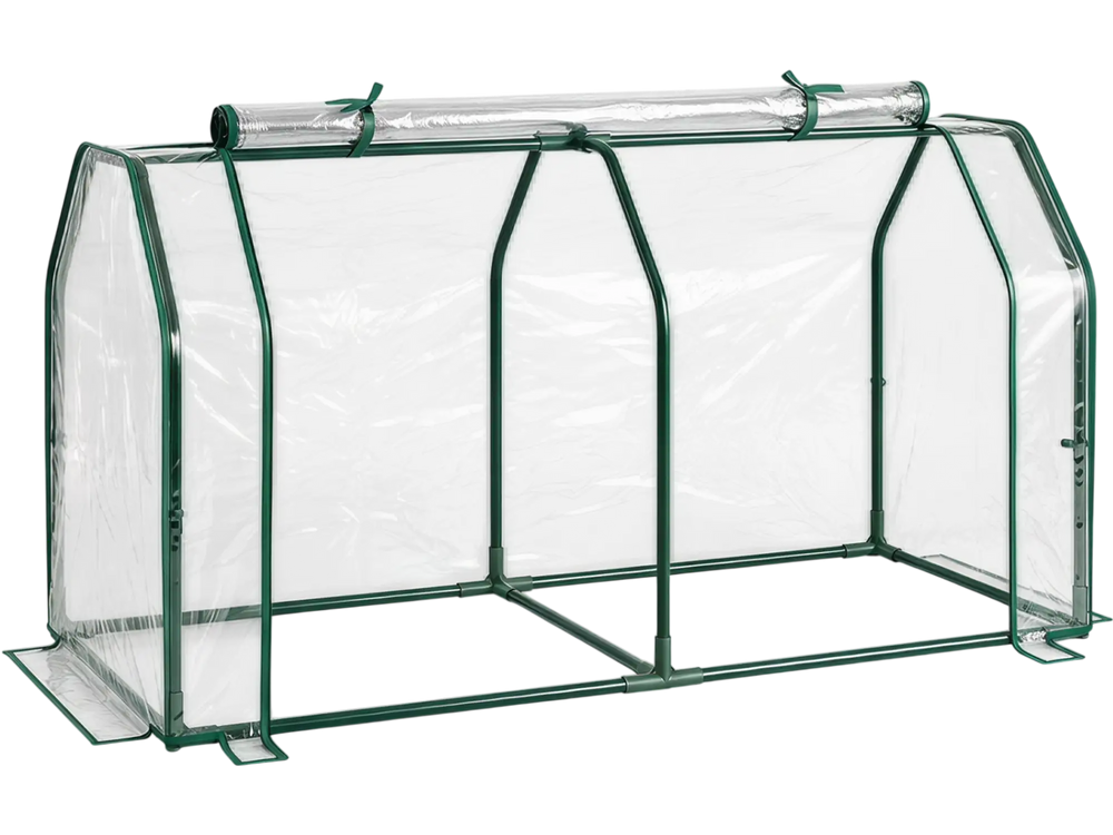 Portable mini greenhouse with a waterproof PE cover and zippered roll-up door, ideal for backyard vegetable gardening.