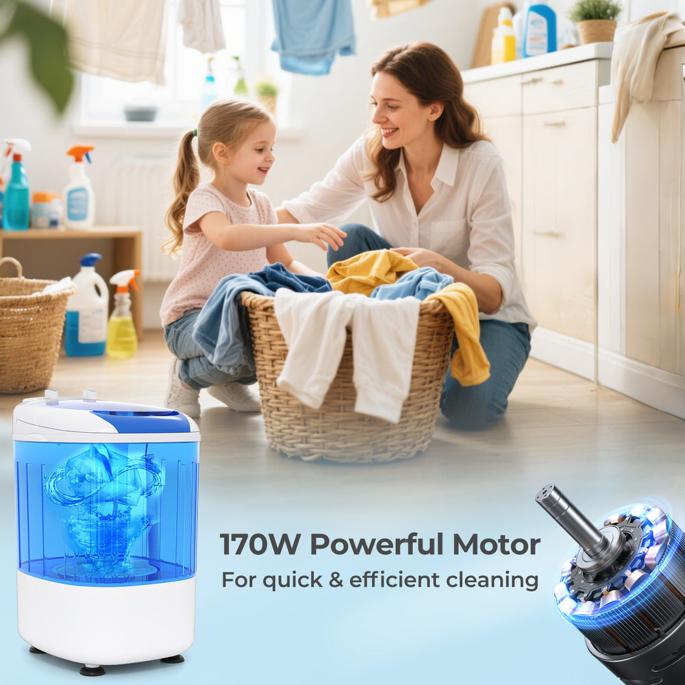 Portable mini semi-automatic washing machine in blue with 2.5 kg capacity, ideal for efficient laundry in small spaces.