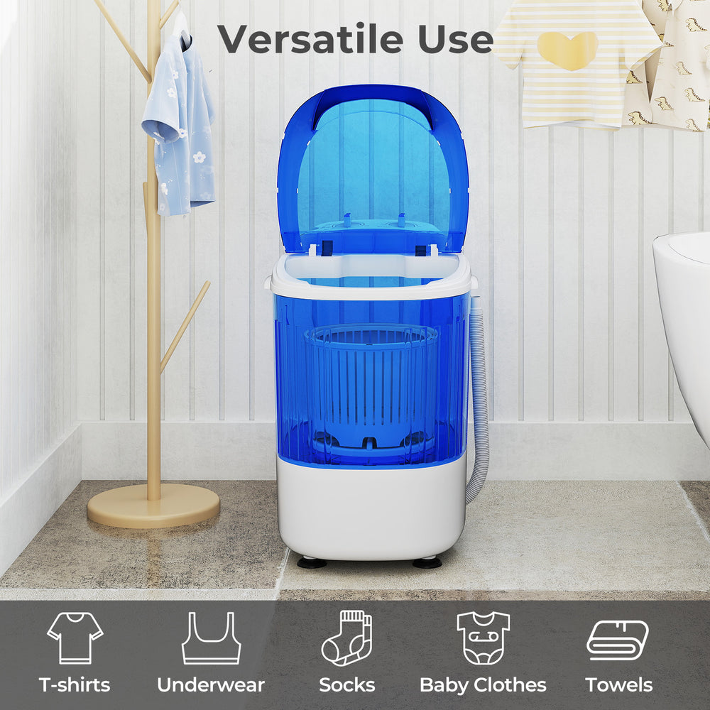 Portable mini semi-automatic washing machine in blue, featuring a transparent lid and 2.5 kg capacity for versatile.