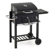 Portable charcoal grill with wheels, adjustable tray, and foldable side tables for outdoor cooking and picnics.