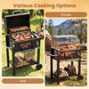 Portable outdoor barbecue grill with adjustable charcoal tray and wheels, featuring a large cooking area and side shelf.